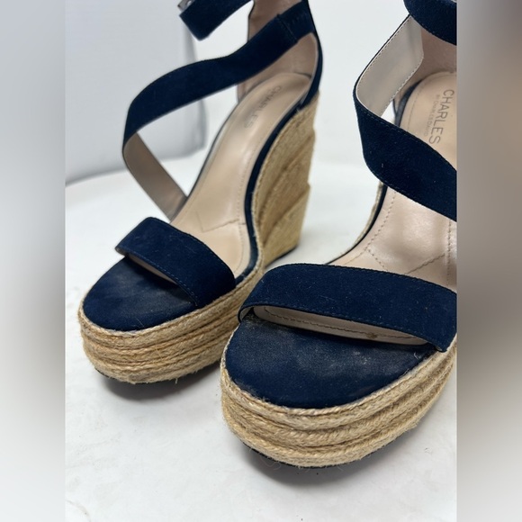 Charles David Microfiber Suede Jute Tall Wedge Open Toe Beachy Sandals Shoes - Picture 5 of 14